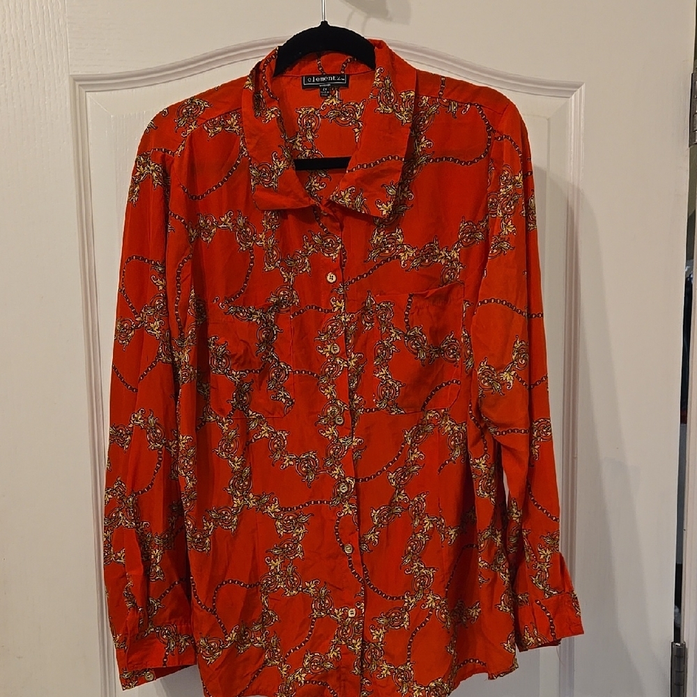 ⛱️Vintage Elementz Red With Gold Design Long Sleeve Button Up Shirt Size 2X